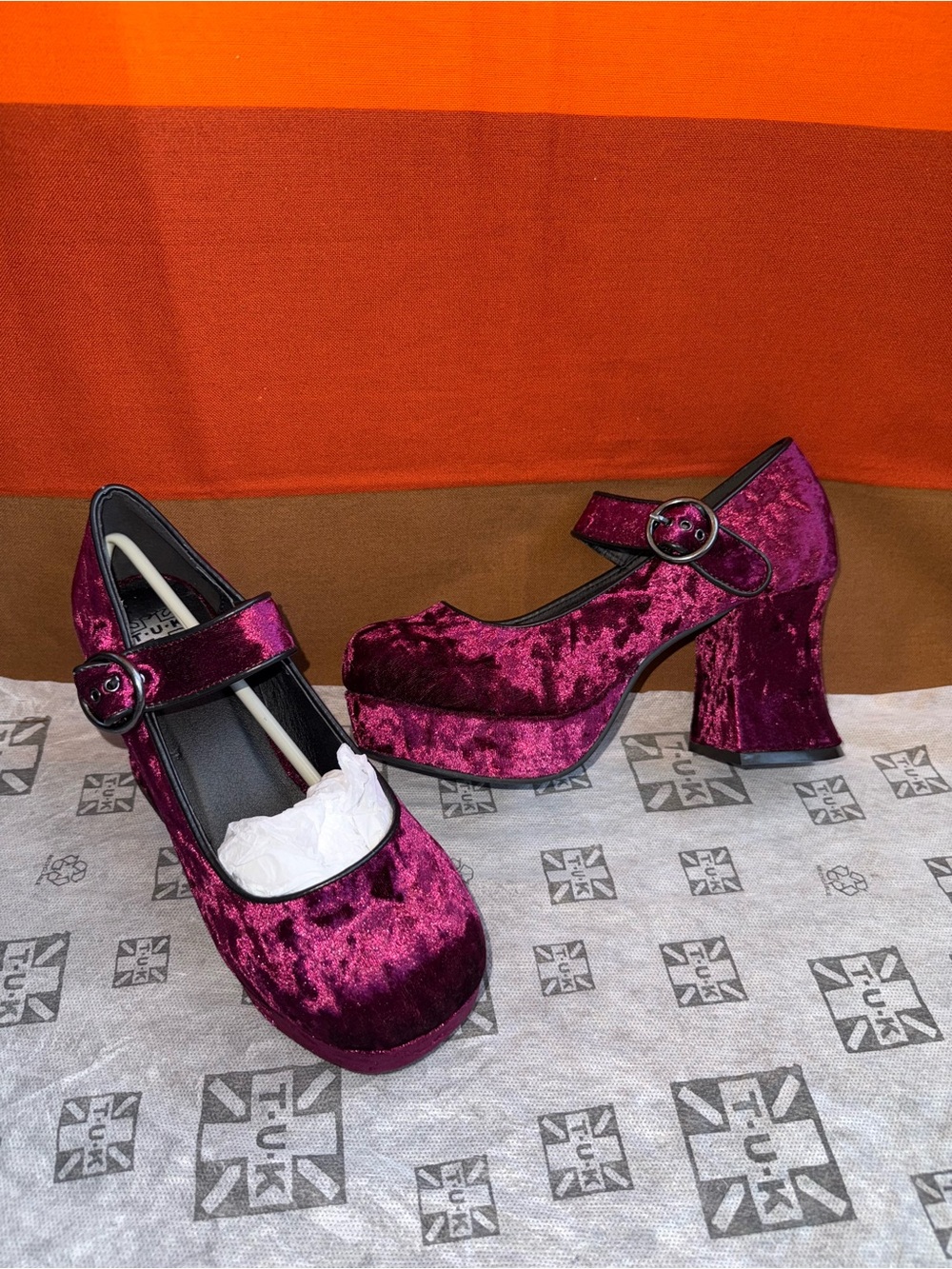 T.U.K. Mary Jane crushed velvet block heels